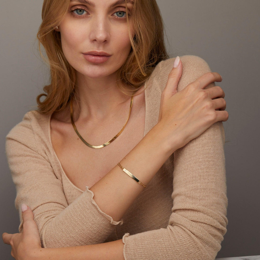 Silver Name Bracelet with Figaro Chain in Glamour Jewelry House gift box — 18K Gold Vermeil anniversary gift.