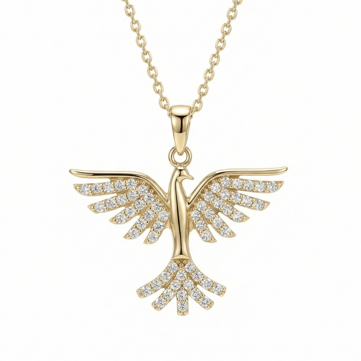 Phoenix pendant necklace in 14K solid gold, with rows of small round CZ stones across the spread wings and fanned tail.