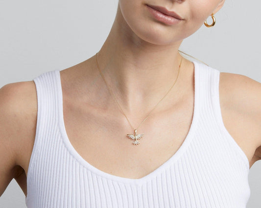 Close detail of the Phoenix Necklace in 18K Gold Vermeil. Safe for sensitive skin, premium handmade jewelry.
