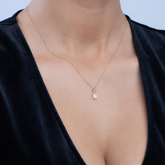 Close detail of the Pineapple Baguette Necklace in 18K Gold Vermeil with CZ Diamond. Safe for sensitive skin, premium.