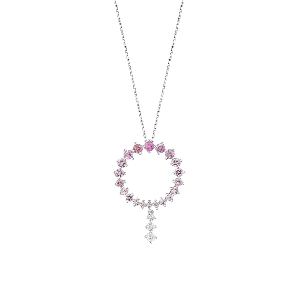 Pink gemstone and natural diamond open circle drop necklace in 14K white gold on a fine chain, front view