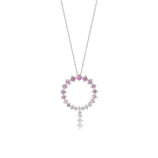 Pink gemstone and natural diamond open circle drop necklace in 14K white gold on a fine chain, front view