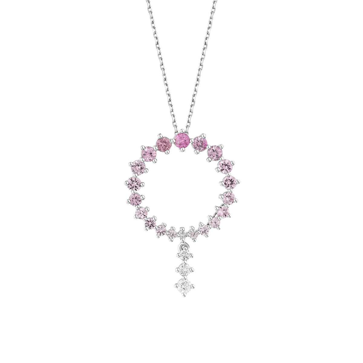Close-up of the graduated pink gemstone circle and its three natural diamond drop in 14K white gold