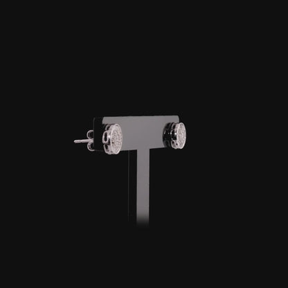 360 degree view of the diamond cluster stud earrings with the baguette halo