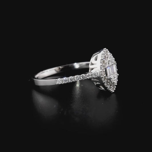 360-degree video of the 0.48 ct tw natural diamond marquise-shaped baguette halo ring in 14K white gold