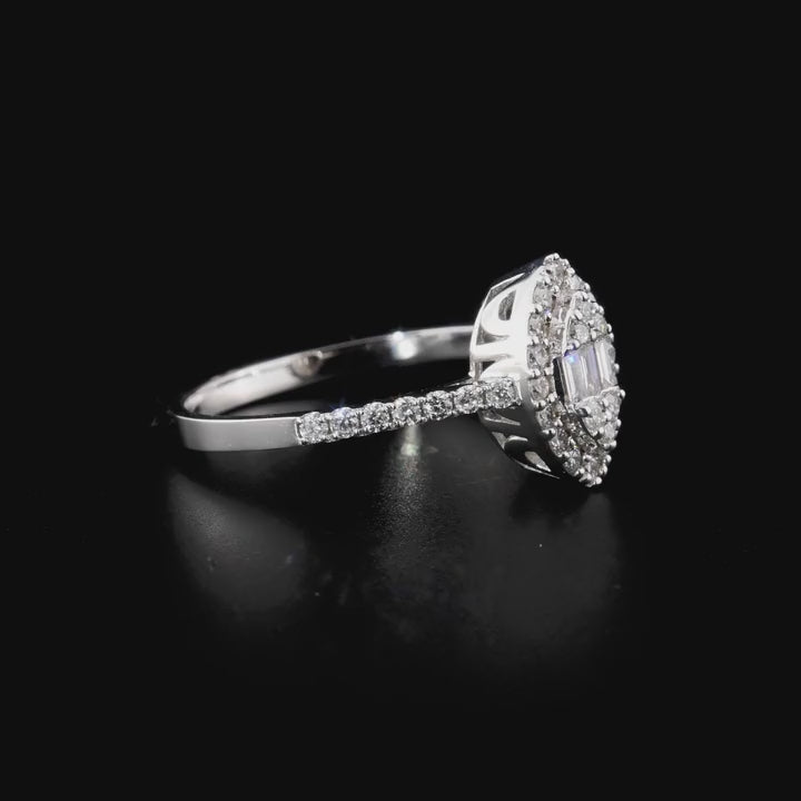 360-degree video of the 0.48 ct tw natural diamond marquise-shaped baguette halo ring in 14K white gold