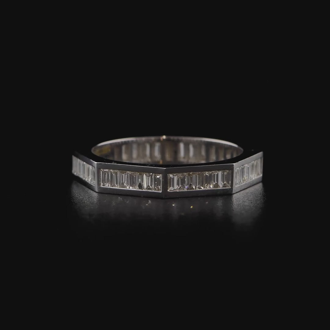 360 degree video of the natural baguette diamond eternity ring in 14K white gold