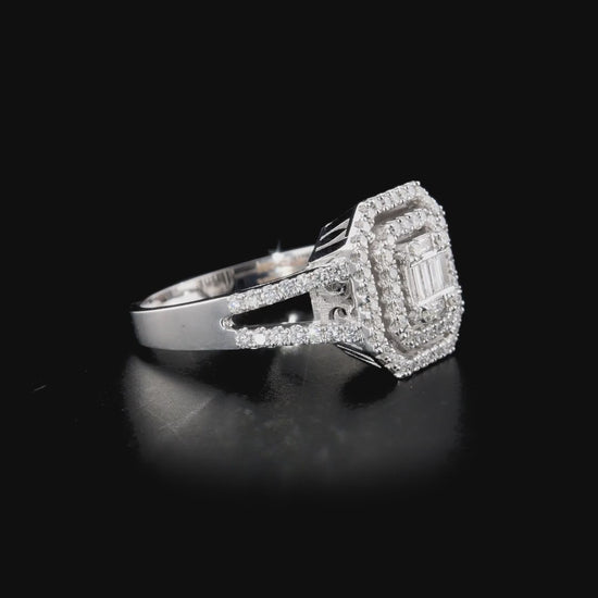 360 degree video of the baguette natural diamond double halo ring in 14K white gold