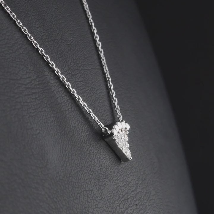 360 degree video of a beaded triangle natural diamond necklace in 14K white gold.