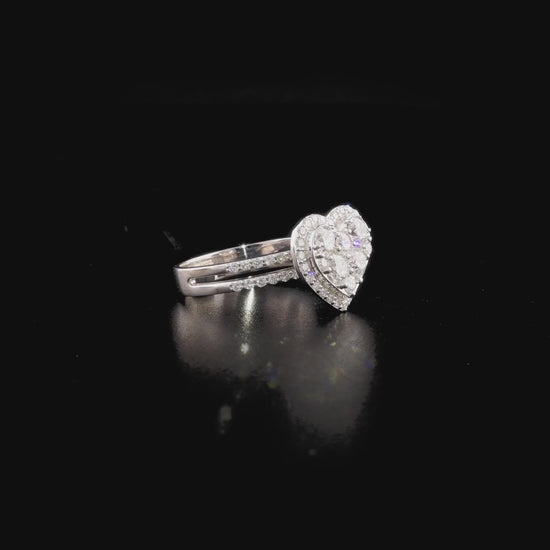 360 degree video of the natural diamond heart cluster halo ring in 14K white gold