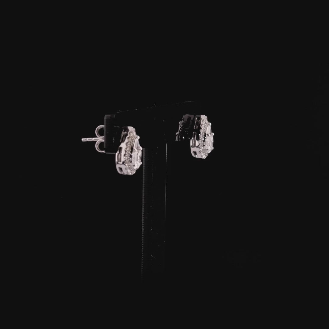 360-degree video of the pear-shaped natural diamond cluster halo stud earrings in 14K white gold