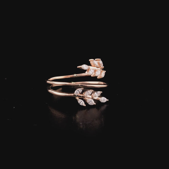 360 degree video of the marquise natural diamond leaf wrap ring in 14K rose gold