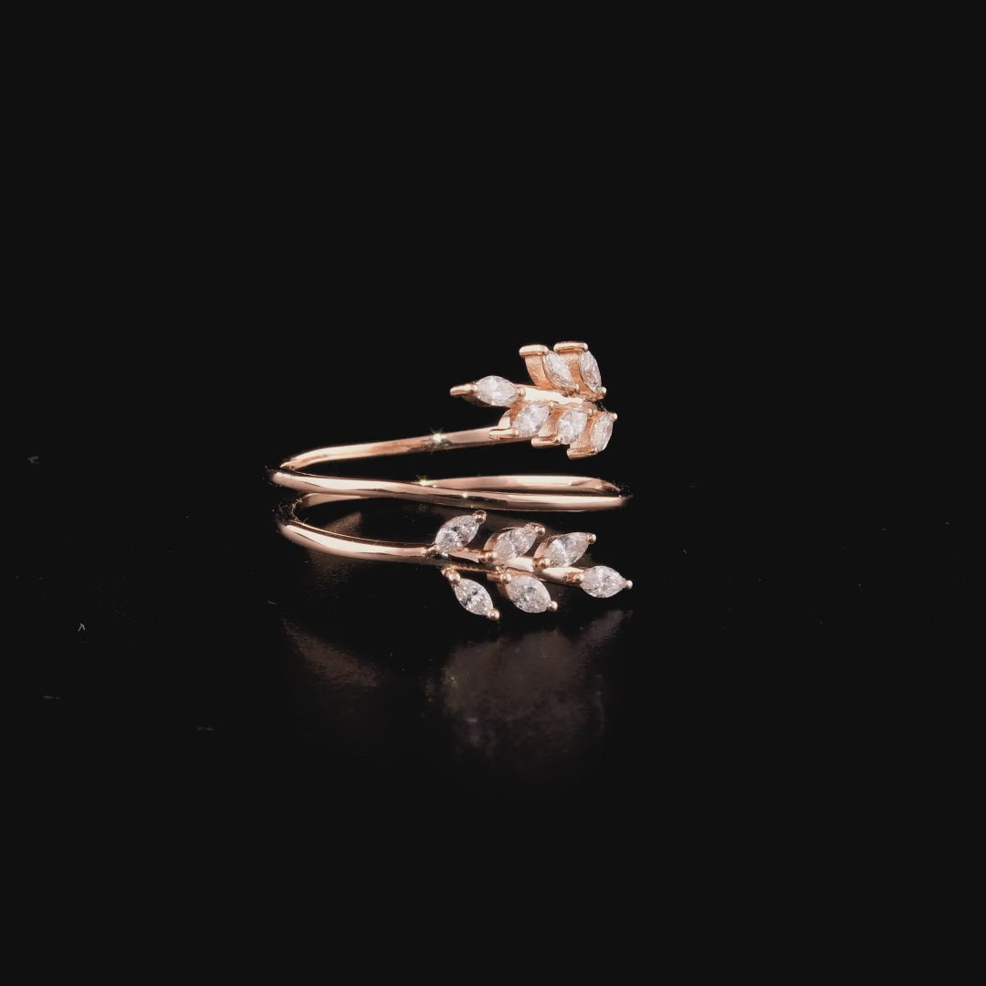 360 degree video of the marquise natural diamond leaf wrap ring in 14K rose gold