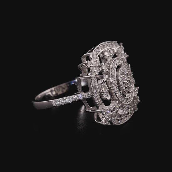 360 degree video of the natural diamond oval halo openwork cocktail ring in 14K white gold