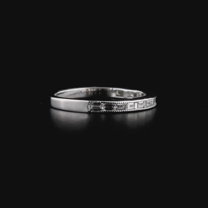 360-degree video of the 0.51 ct tw natural diamond baguette channel half eternity ring in 14K white gold