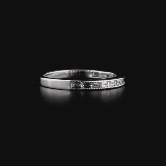 360-degree video of the 0.51 ct tw natural diamond baguette channel half eternity ring in 14K white gold