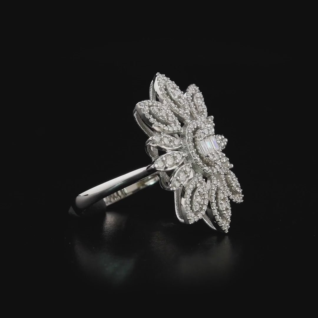 360 degree video of the natural diamond flower cocktail ring in 14K white gold