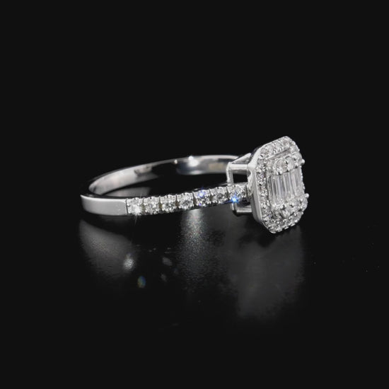 360 degree video of the natural diamond baguette illusion halo ring in 14K white gold
