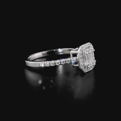 360 degree video of the natural diamond baguette illusion halo ring in 14K white gold