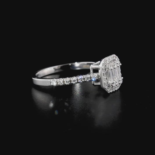 360 degree video of the natural diamond baguette illusion halo ring in 14K white gold