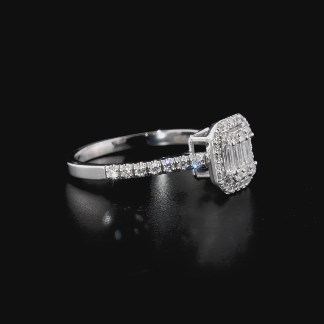 360 degree video of the natural diamond baguette illusion halo ring in 14K white gold
