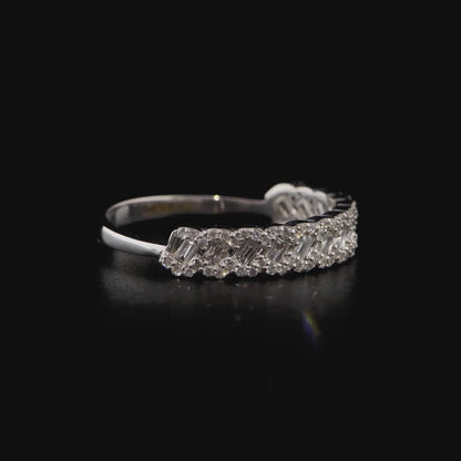 360-degree video of the 0.44 ct tw natural diamond braided baguette half eternity ring in 14K white gold