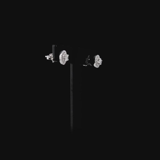 360-degree video of the round natural diamond double halo stud earrings in 14K white gold