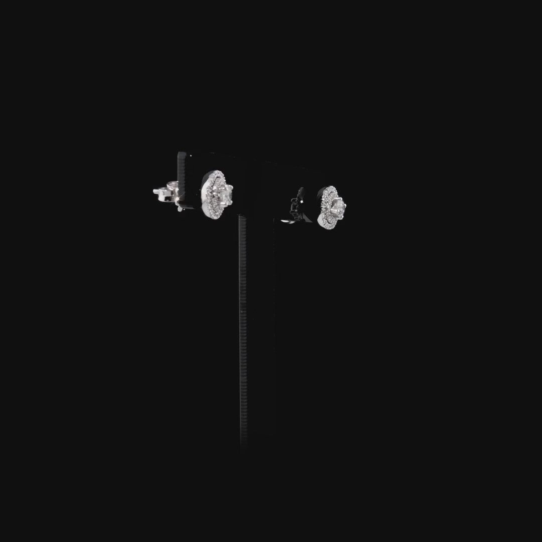 360-degree video of the round natural diamond double halo stud earrings in 14K white gold