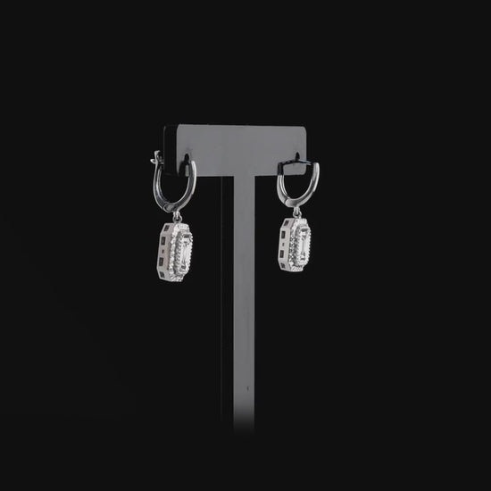 Art Deco baguette diamond drop earrings in 14K white gold turning 360 degrees