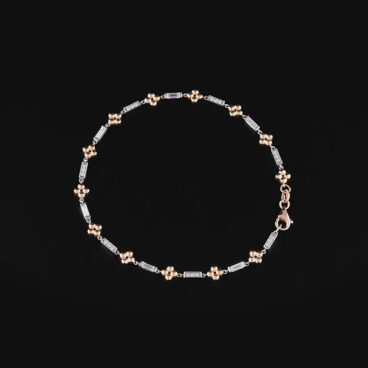 360 degree video of the natural diamond baguette flower station bracelet in 14K white and rose gold