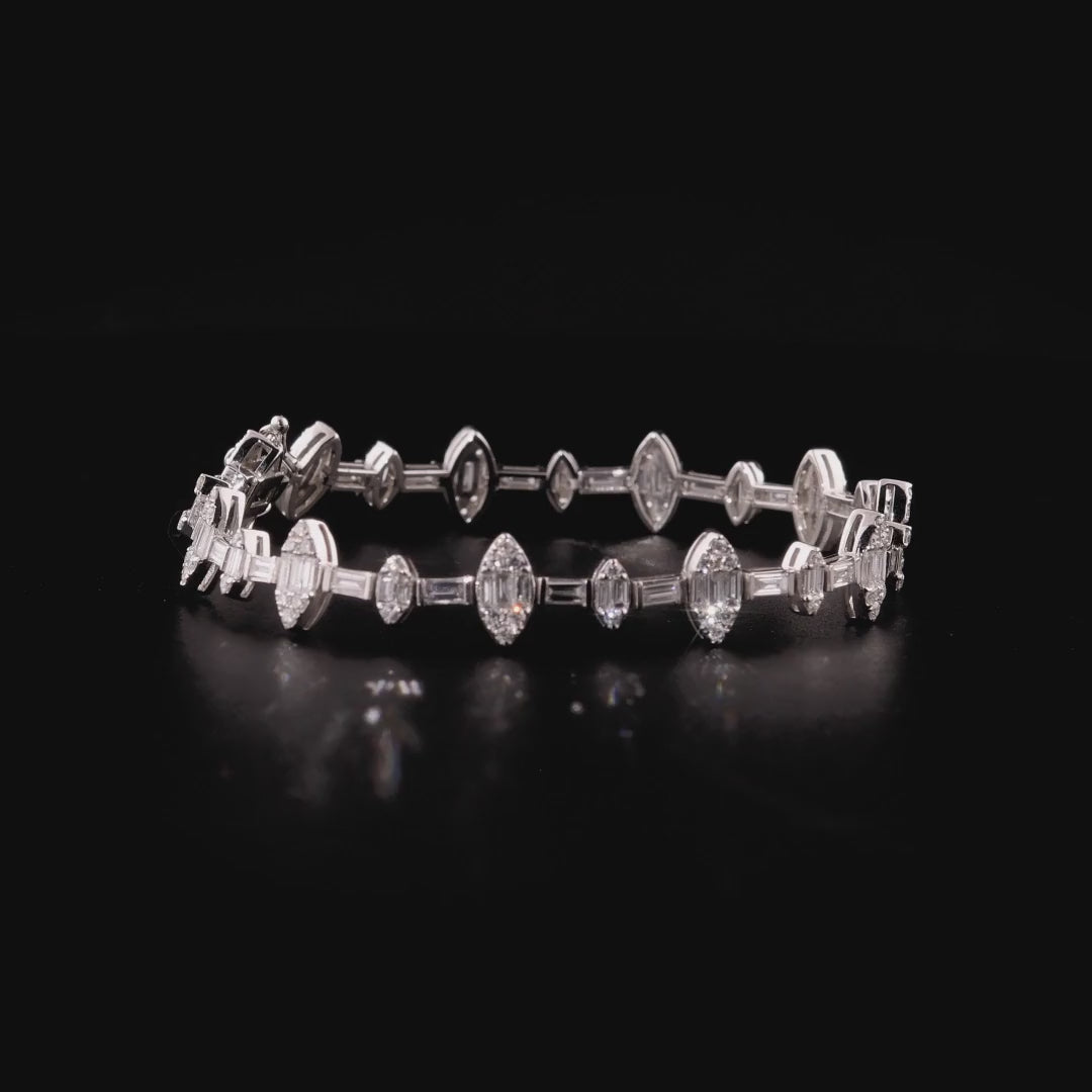 360-degree video of the natural diamond baguette marquise cluster bracelet in 14K white gold