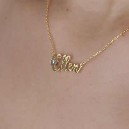 Name Necklace with Birthstone in 18K Gold
