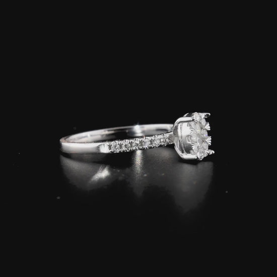 360 degree video of the natural diamond oval illusion cluster ring in 14K white gold