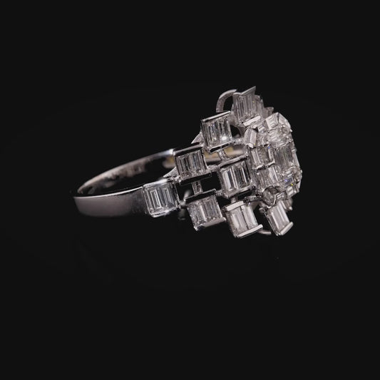 360 degree video of the 1.06 ct natural diamond baguette cluster cocktail ring in 14K white gold