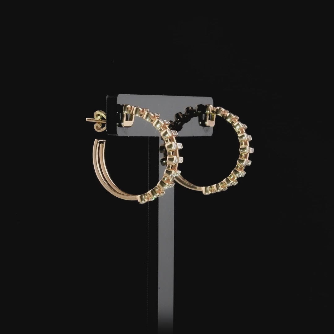 360-degree video of the baguette and round natural diamond hoop earrings in 14K rose gold
