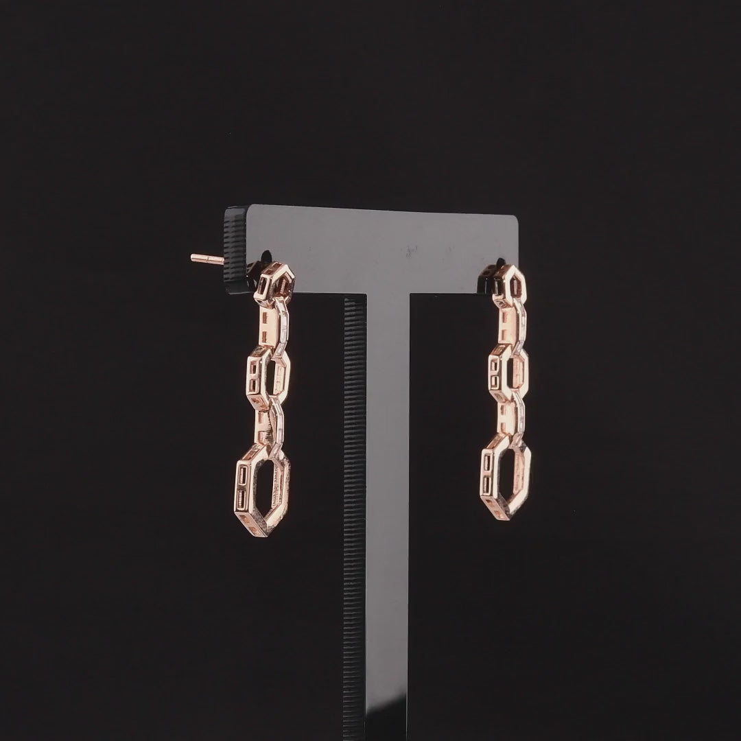 360-degree video of the baguette natural diamond hexagon link drop earrings in 14K rose gold