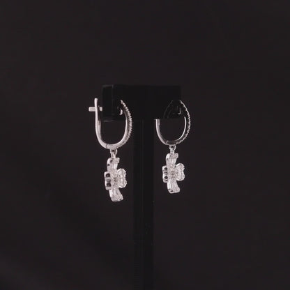 360 degree video of the natural diamond clover drop huggie earrings in 18K white gold