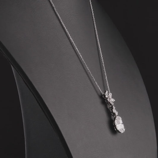 360 degree video of the baguette natural diamond flower drop pendant necklace in 14K white gold