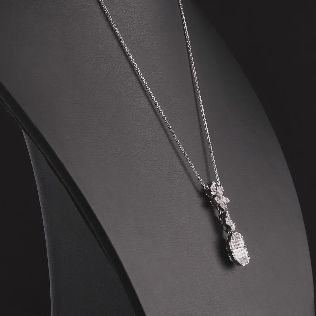 360 degree video of the baguette natural diamond flower drop pendant necklace in 14K white gold