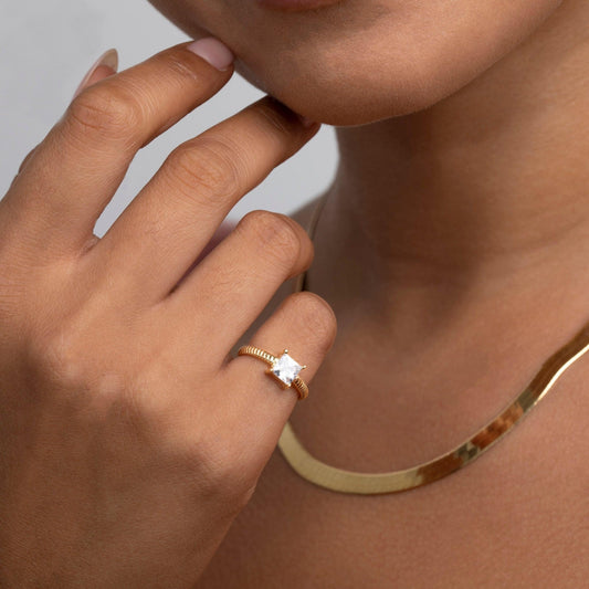 Close detail of the Princess Cut CZ Diamond Adjustable Ring in 18K Gold Vermeil with CZ Diamond. Hypoallergenic, no green.