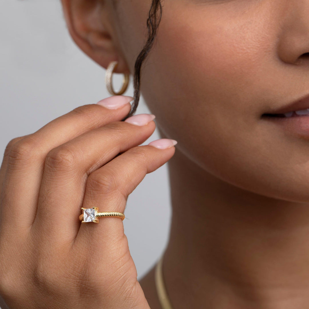 The Princess Cut CZ Diamond Adjustable Ring styled in 18K Gold Vermeil — elegant everyday jewelry. Tarnish-resistant.