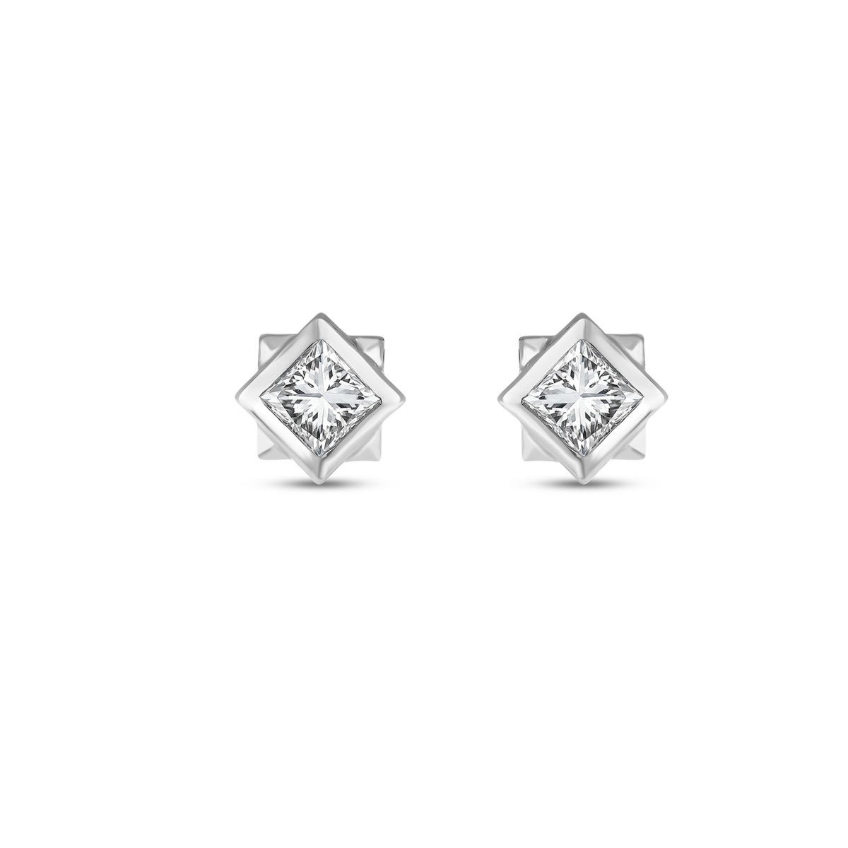 Princess-cut natural diamond solitaire stud earrings in 14K solid white gold, the pair shown front on a white background