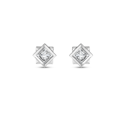 Princess-cut natural diamond solitaire stud earrings in 14K solid white gold, the pair shown front on a white background