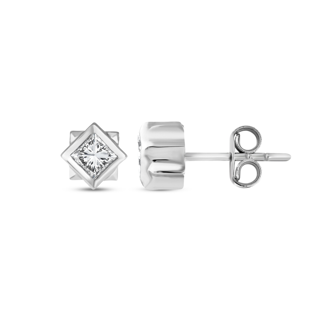Single princess-cut diamond stud earring in 14K white gold shown with its post and butterfly back