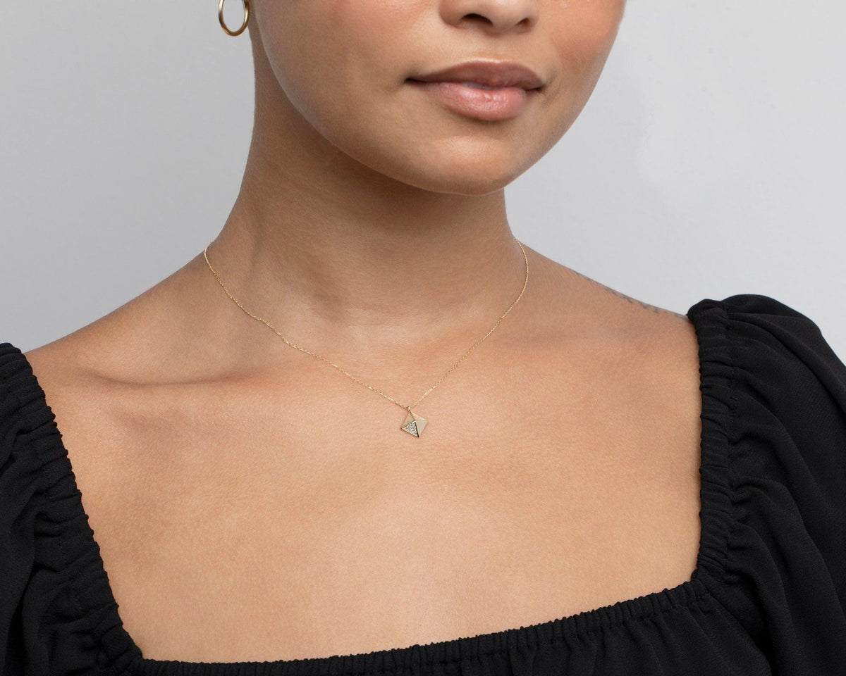 Close detail of the Rectangular Pyramid Necklace in 18K Gold Vermeil. Safe for sensitive skin, premium handmade jewelry.