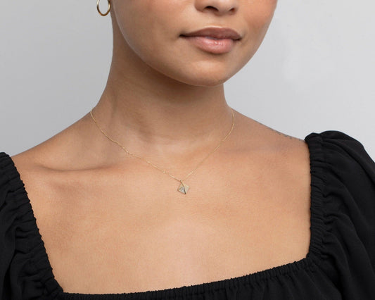 Close detail of the Rectangular Pyramid Necklace in 18K Gold Vermeil. Safe for sensitive skin, premium handmade jewelry.