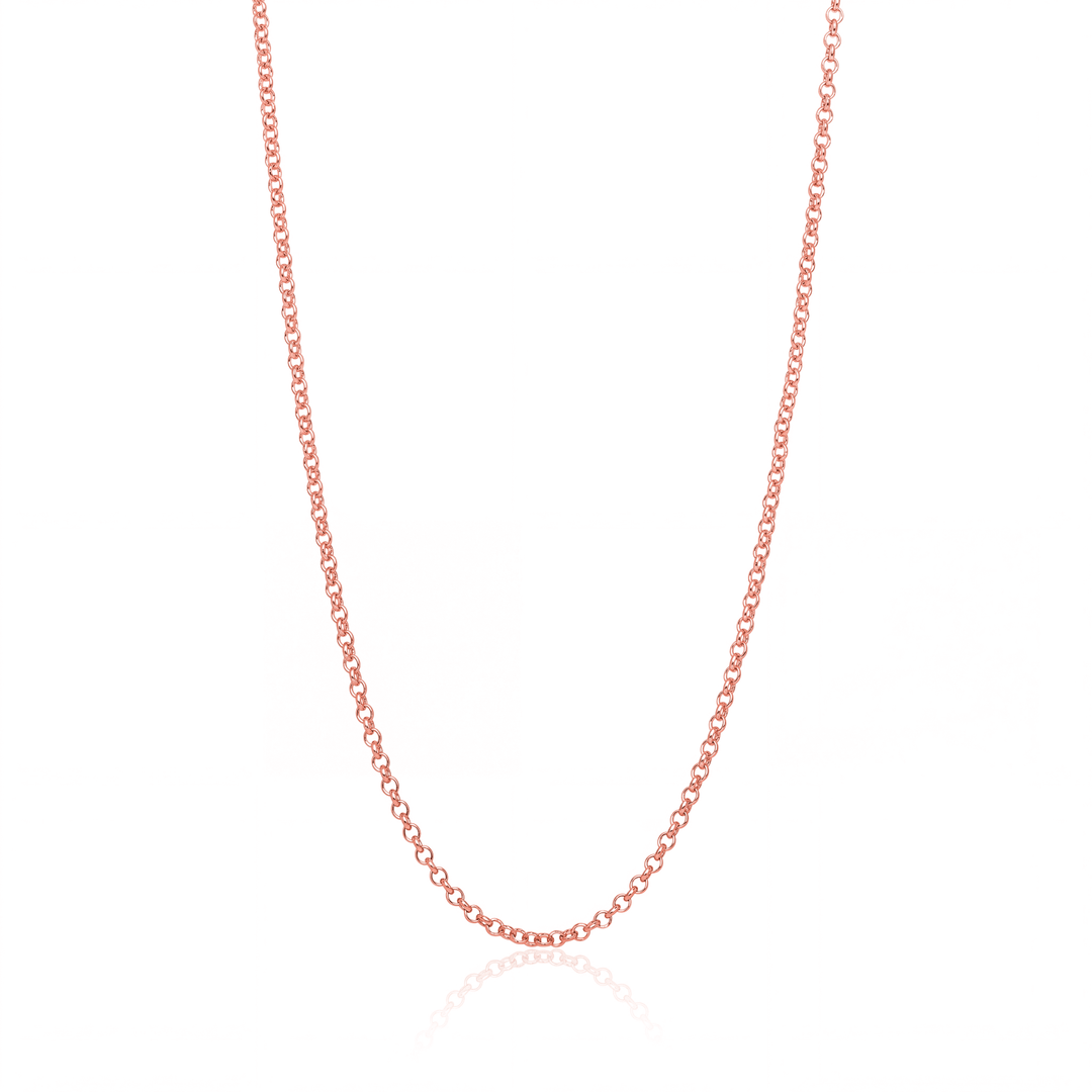 Rose gold rolo chain necklace, 2.5 mm round link chain on white background