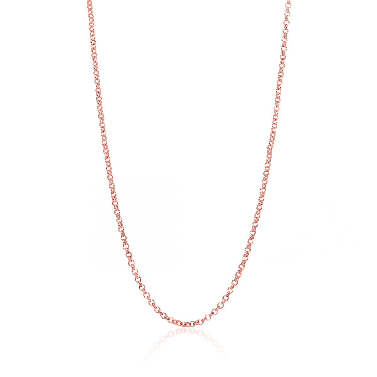 Rose gold rolo chain necklace, 2.5 mm round link chain on white background