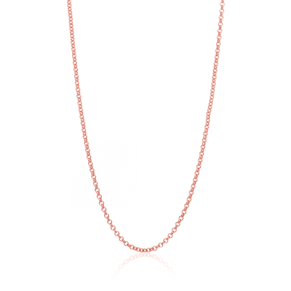 Rose gold rolo chain necklace, 2.5 mm round link chain on white background