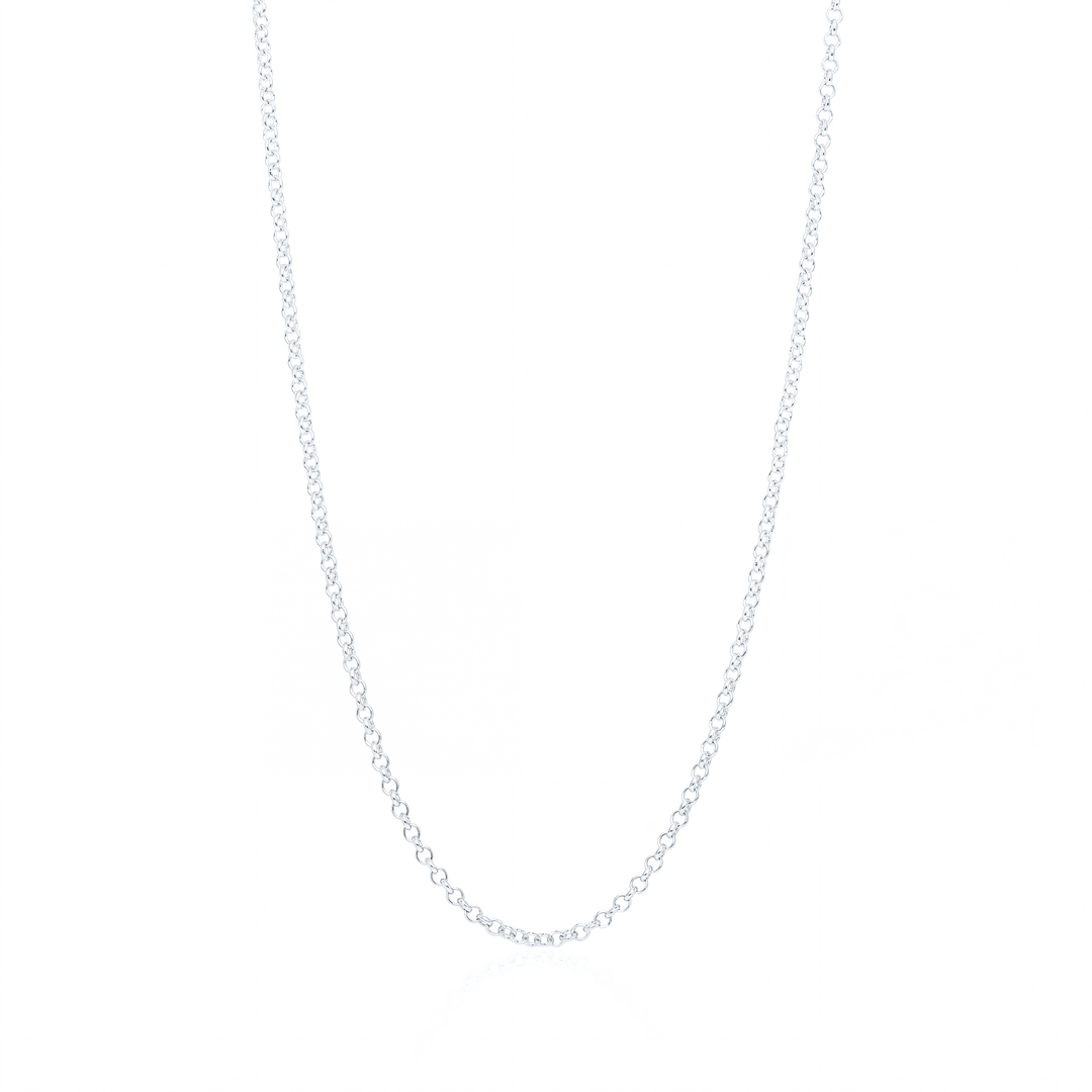 Silver rolo chain necklace, 2.5 mm round link chain on white background